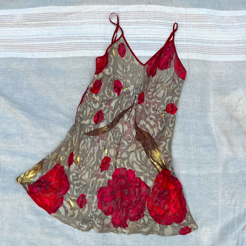 Vintage Mary Green silk burnout slip dress chemise lingerie red olive floral MED